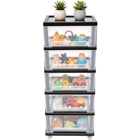 Tour de rangement en plastique avec roulettes, 5 tiroirs transparents, organisateur pour salle de bain, chambre école & bureau (1/5)
