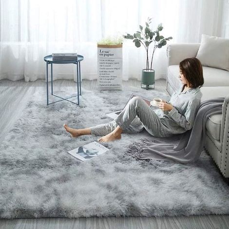 Tapis moelleux antidérapant 160x120 cm, moquette imitation fourrure à dégradé décoratif, carpette douce pour sol (gris clair) (1/5)