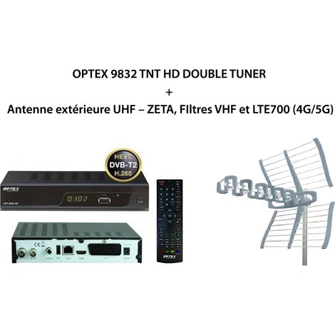 Pack OPTEX 9832 TNT HD DOUBLE TUNER + Antenne extérieure UHF – ZETA, FIltres VHF et LTE700 (4G/5G) (1/3)