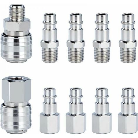 10 Pièces Raccord Rapide de Compresseur 1/4"BSP Coupleur Pneumatique d'air Kit Raccords de Tuyau Connecteur Homme Femme