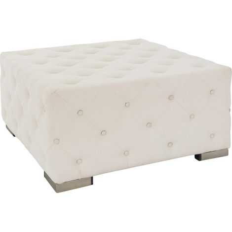 WOMO-DESIGN Sitzhocker XXL Ostrava aus Leinen Creme mit silberne Metallfüße, 90x45x90cm Quadratisch, Handgefertigt, Moderne Knopfheftung, Polsterhocker Sofa-Hocker Fußhocker Sitzpouf Pouf Puff Ottoman