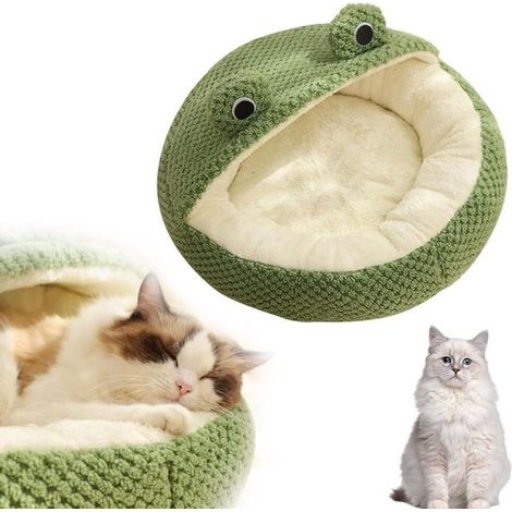 Panier pour chat et petit chien 40 x 40 cm, forme grenouille, peluche douce et chaude, panier-grotte confortable pour animaux, taille S, vert (1/5)
