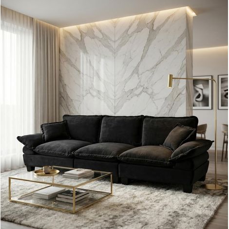 Canapé 3 places in chenille nera 263x82x90 cm con braccioli curvi amovibili (1/5)