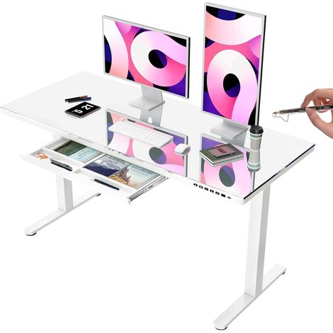 Bureau assis-debout électrique en verre 140 x 60 cm, blanc, réglable en hauteur avec tiroirs (1/5)