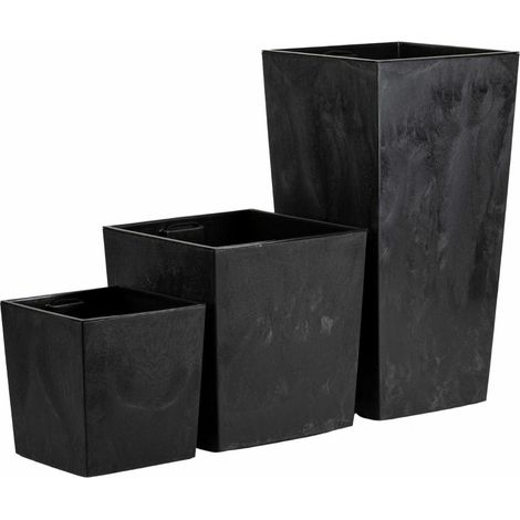 Set großer, moderner Blumentöpfe aus schwarzem Beton, 3-teilig