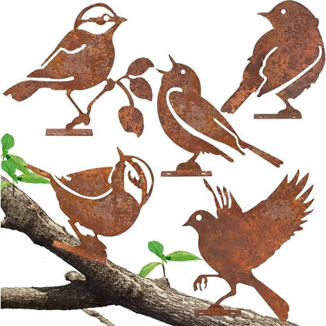 5 PCS Oiseaux Decoratifs rouillé Oiseau Decoration Deco Jardin Exterieur rouillée Metal Bird pour Décoration de Tronc de Branche d'arbre pour Patio Parc et Clôture (1/4)