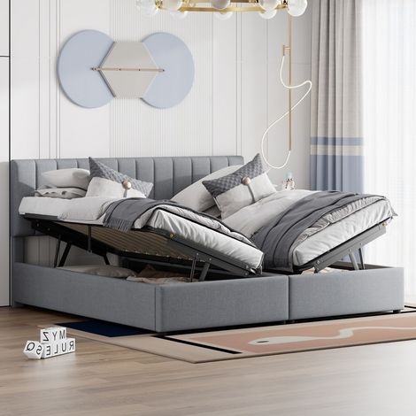 Lit coffre 180x200 cm - Lit double multifonctionnel en lin gris avec sommier hydraulique et tête de lit réglable - Gris (1/5)