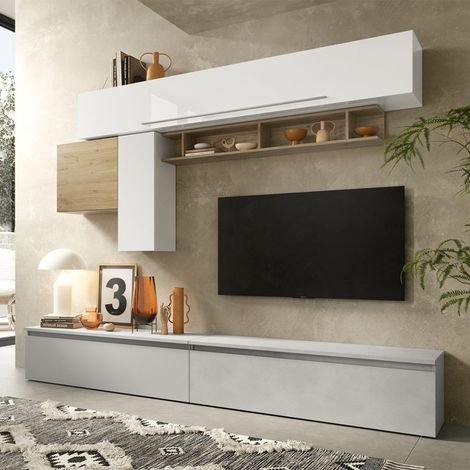 Parete attrezzata tv moderna bianco lucido mensola legno Infinity 17 (1/2)