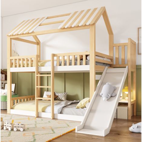 Letto a castello per bambini stile casetta in legno bianco e naturale 90x200 cm con tetto a capanna, scaffale e rete a doghe