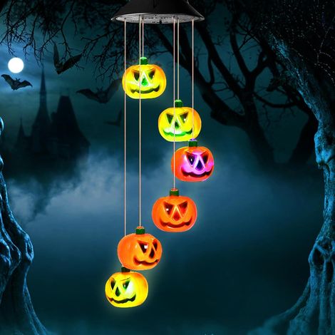 Carillon solaire citrouille – Décoration d'Halloween suspendue à LED multicolores pour jardin, terrasse et cour intérieure et extérieure (1/5)