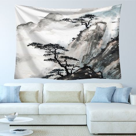 Ahlsen Japanischer asiatischer chinesischer Wandteppich, Berglandschaft, Wanddekoration, Wandteppich, Wandbehang, Wandteppich für Schlafzimmer, 130 x 150 cm H/B (1/5)
