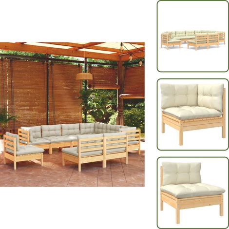 9-tlg. Garten-Lounge-Set mit Creme Kissen Massivholz Kiefer - Gartenzubehör - Lounge Set - Gartenmöbel - Esszimmergarnitur - Kiefernholz Möbel (1/5)