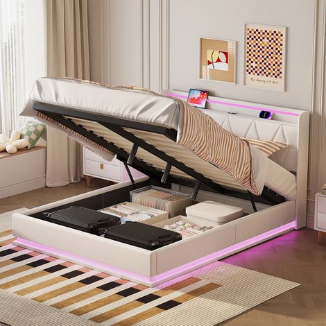 Letto capitonato una piazza e mezza 140×200 cm con archiviazione, striscia luminosa LED, porta ricarica USB, letto contenitore per adulti e adolescenti, velluto bianco