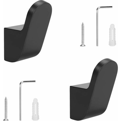 Lot de 2 crochets porte-serviettes en aluminium noir (vis et chevilles incluses) pour salle de bain, cuisine, chambre, hôtel.