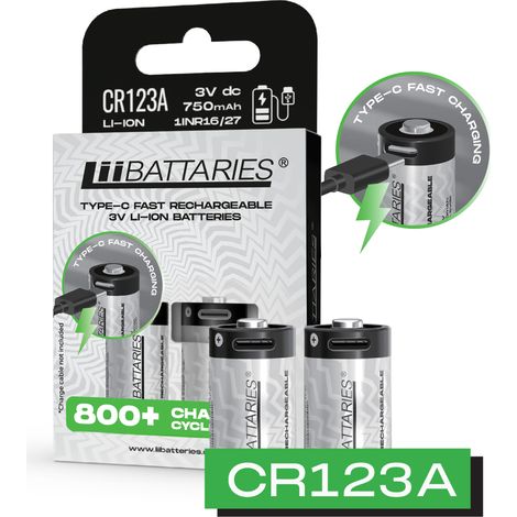 Bater铆as recargables de iones de litio de alto rendimiento LiiBattaries CR123A USB-C (paquete de 2) de 750 mAh (1/5)