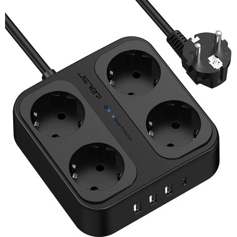 Multiprise Parasurtenseurs USB 4 Prises avec 3 Ports USB A+1 Ports USB C Chargeur (5V3,4A) Multiprises parafoudre et surtension avec Cable 1,8m pour Smartphone, Maison, Bureau-Noir (1/5)