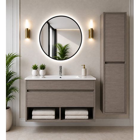 Mueble de baño suspendido con lavabo extraplano ORIGENBATH NEBARI con cajón sin espejo 50x40 cm roble smoky con columna (1/5)