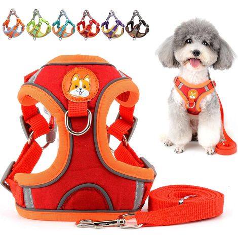 Ensemble Harnais et Laisse pour Petit Chien Anti Traction Réglable Réfléchissant Chiot Harnais Veste en Daim Souple Anti-Fuite Chat Harnais pour la Promenade pour Chihuahua Yorkshire Rouge S