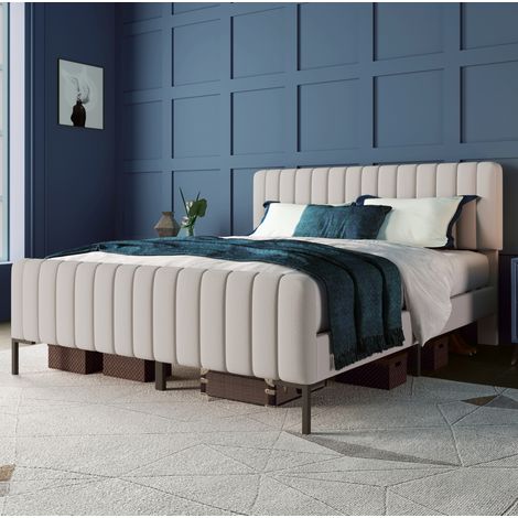 Cama tapizada de lino gris-beige 160x200 cm con somier de láminas y cabecero ajustable (1/5)
