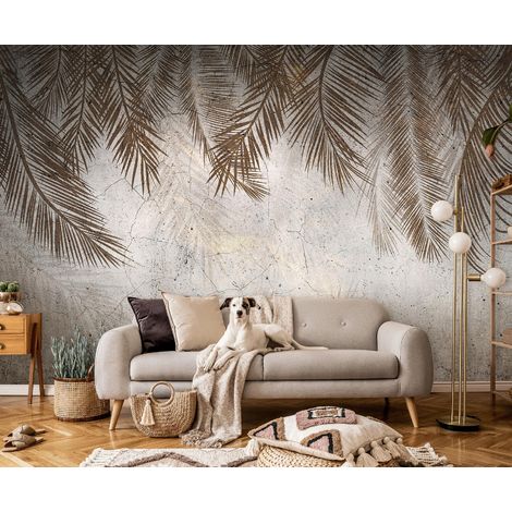 Vlies Fototapete Blätter 350x250 cm, Tapeten, für Wohn und Schlafzimmer, Vliestapete Wandtapete Tapete 3D Effekt- inkl. Kleister - Boho Natur Beige, WallArena (1/4)
