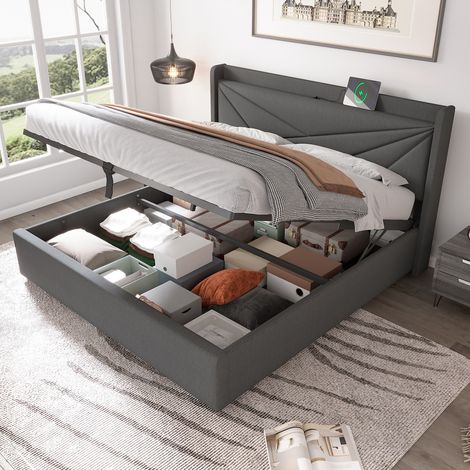 Recharge facile, lit coffre 140x200 avec USB et Type-C, sommier à lattes, tête de lit rembourrée (1/5)