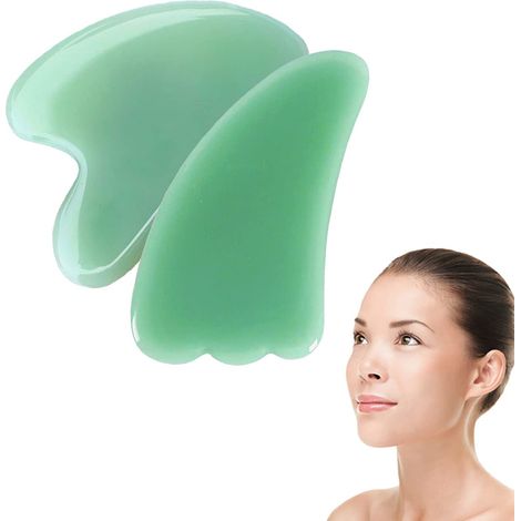 Outils faciaux Gua Sha en jade naturel vert, pour le visage, le cou, le corps et les yeux, réduction des rides et ridules. (1/3)