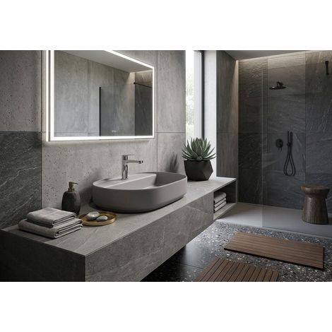 Lavabo ovale da appoggio senza troppo pieno in ceramica con foro rubinetto - Grigio Pietra Opaco