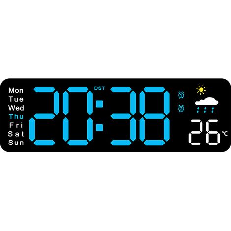 Réveil LED filaire, horloge murale, réveil multifonctionnel, réveil numérique grand écran, avec télécommande (lumière bleue) (1/4)