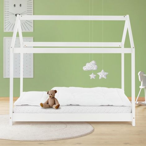ML-Design Lit Cabane Enfant 80x160 cm avec Toit et Sommier à Lattes, Blanc en Bois de Pin Massif, Couchage au Sol Maisonnette pour Fille Garçon Adolescent Chambre à Coucher, Structure Style Maison (1/5)