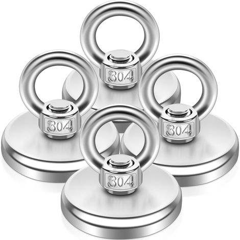 Lot de 4 aimants de pêche en néodyme extra puissants avec trou - 48 mm - 80 kg - Argenté - Rond - Pour la pêche magnétique, le camping, l'industrie, la croisière (1/5)