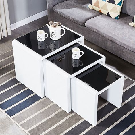 Coffee Side Tables Set of 3,High Gloss Coffee Table,Nesting Tables,MDF and Glass,White Black (1/5)