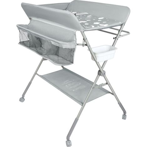 Table à langer pour bébé avec roues, station à langer pliante portable à hauteur réglable avec panier de rangement pour nouveau-né et nourrisson Gris Clair