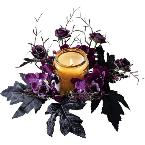 Corona de flores artificiales para vela (Halloween), negra y morada, centro de mesa decorativo (25 cm) para cocina o interiores de estilo rústico. (1/5)