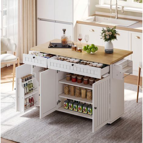Kücheninsel mit Klappbarer Arbeitsplatte, 2 Schubladen, Schrank, Gewürzregal und Handtuchhalter, 137 × 70 × 89,5 cm (1/5)