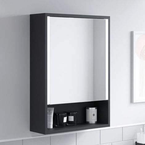 Bathroom Mirror Cabinet LED Wall Mounted 700x500mm Black Demister Shaver Storage (1/5)
