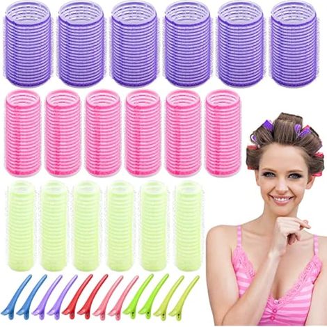 30 Pcs Rouleaux de Cheveux 18 Rouleaux à Cheveux Auto-Agrippants Bigoudis Cheveux en 3 Tailles (16mm 25mm 35mm) et 12 Pinces à Bec de Canard pour Salon Coiffeur Coiffure Multicolore (1/5)