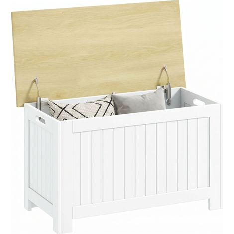 HOMCOM baúl de almacenaje dormitorio 90 L banco de almacenaje con tapa baúl de almacenaje con bisagra de seguridad 80,5x40x46,4 cm natural y blanco (1/5)