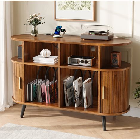 Mobile per dischi 110x40x76 cm, con vani aperti, sportelli scorrevoli, stazione di ricarica, MDF noce (1/5)
