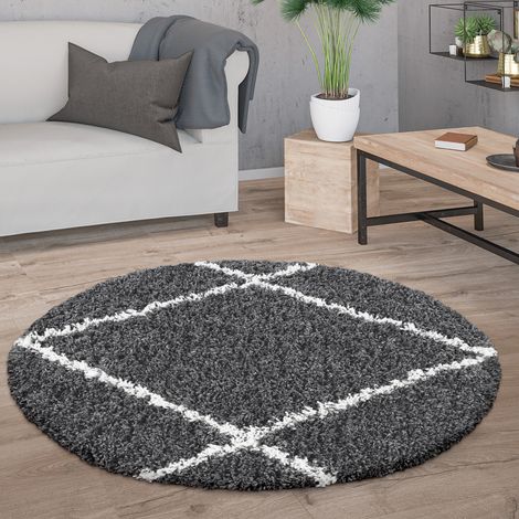 Paco Home Hochflor Teppich Rund Wohnzimmer Moderner Shaggy Langflor Skandi Rauten Anthrazit, 200 cm Rund