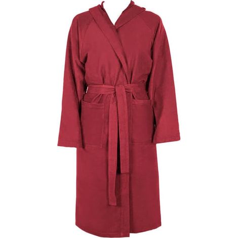 Peignoir Microfibre Moderne Couleur Unie Doux Homme Femme Ceinture Poches Capuche Bordeaux - L