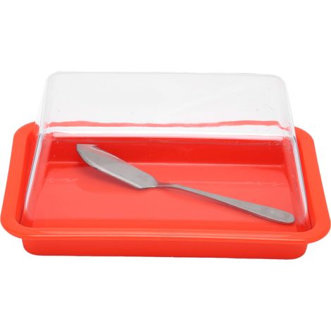 Boîte de rangement carrée en plastique pour beurre, coupe-beurre et récipient à fromage avec couvercle transparent, rouge. (1/5)