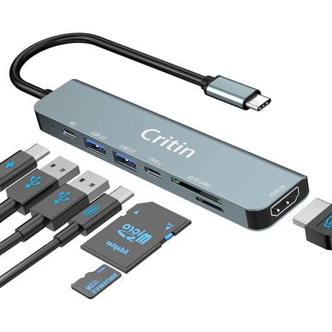 Adaptateur multiport USB C 7 en 1, 4K HD, lecteur de carte SD/TF, charge PD 100 W, USB-C et 2 ports de données USB-A, compatible avec Pro/Air 2023-2016, XPS, iPad Pro, Galaxy Book (1/5)