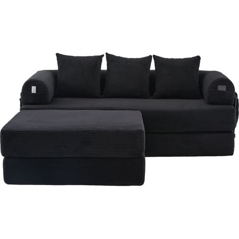 Modulares schwarzes Cordsofa mit Hocker, Metallgestell, Seitentasche und 3 Kissen (1/5)