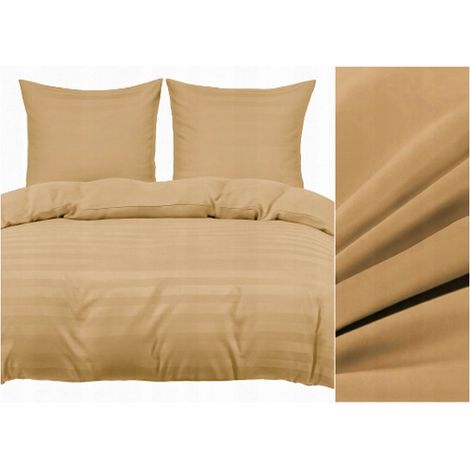 Elegante ropa de cama de hotel de damasco con rayas, 200x220 cm, color caramelo, dorado y beige. (1/5)