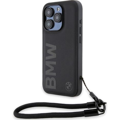Coque rigide noire BMW BMHCP15X23RMRLK pour iPhone 15 Pro Max 6,7" avec cordon en cuir à logo et signature.