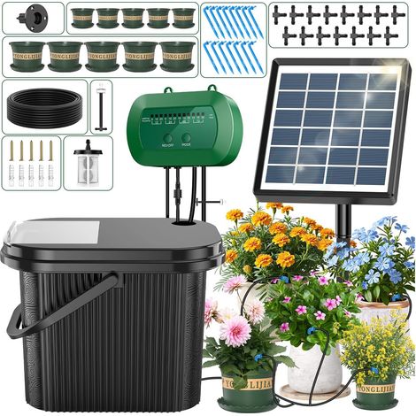 Kit Arrosage Automatique Solaire pour Jardin,Systeme Arrosage Automatique Goutte a Goutte avec 15M Tuyau Seau et 10 Pots de Fleurs,Programmateur Automatique pour Vacances Balcon Pot de Plantes (1/5)