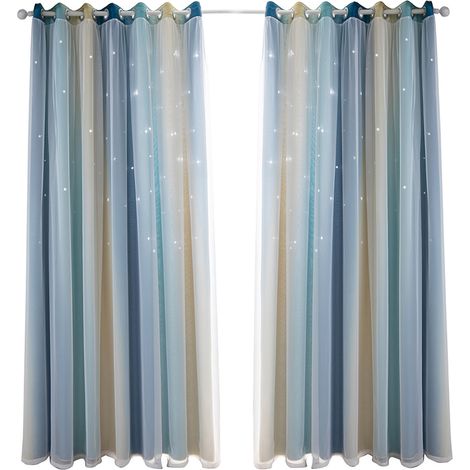 Rideau de fenêtre à étoiles occultant double couche multicolore pour chambre enfant fille salon, 1 panneau (53"W x 95"L, Bleu)