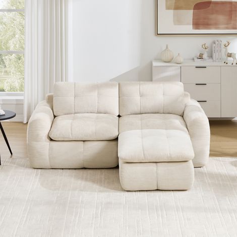 Sofá esquinero modular de 2 plazas sin estructura, con estampado de cuadros acolchado, tapicería de chenilla, base antideslizante, se entrega montado con 1 puf, color beige, ideal para salones y apart (1/5)