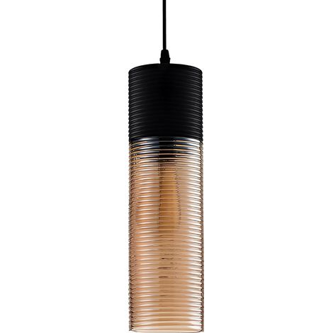 Lámpara colgante industrial moderna en cristal ámbar acanalado, portalámparas E27, altura ajustable y pantalla negra y ámbar, lámpara colgante para cocina, comedor, dormitorio, bar (Φ1036cm) [Clase en (1/5)