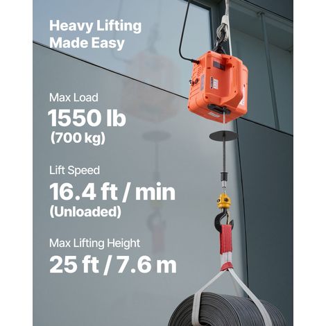 Palan Électrique Portable 3 en 1 Treuil Électrique 700 kg Treuil Levage 1500 W pour Usine Entrepôt Garage, Hauteur Levage 7,6 m Vit… (1/5)